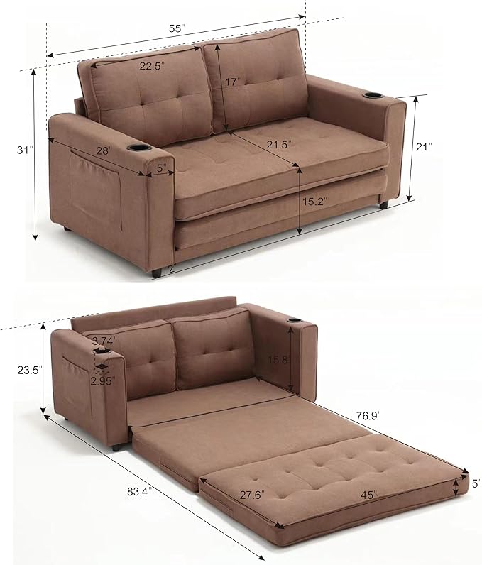ERYE 3 Fold Tufted Upholstered Futon Sofa Bed Modern Convertible Foldable Floor - Image 2