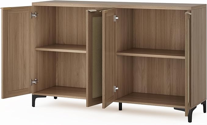Sideboard Buffet Cabinet with Storage, 4 Doors Rattan Kitchen Cabinet with - Image 6
