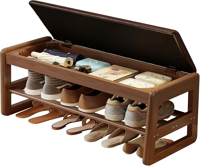 Shoe Rack Bench with Cushion, 2 Tiers Shoe Bench with Flip-Top Storage by AQIMUELE-Solidwoodfurniture