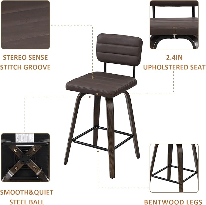 Counter Height Bar Stools Set of 2 Wood Swivel Bar Stools - Image 5