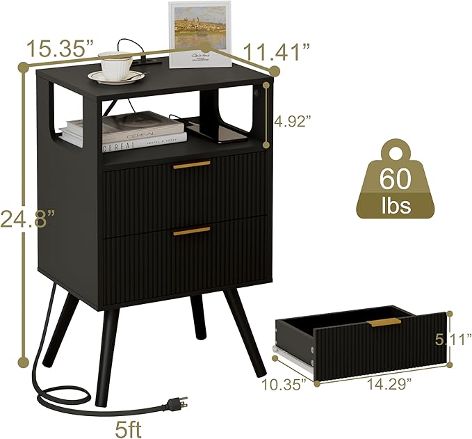 Black Nightstand with Charging Station and LED Lights, Modern Bedside Table - Image 2