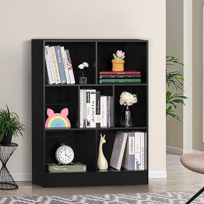 YAHARBO Black 7 Cube Bookshelf, 3 Tier Modern Horizontal Bookcase, Wooden Low - Image 5