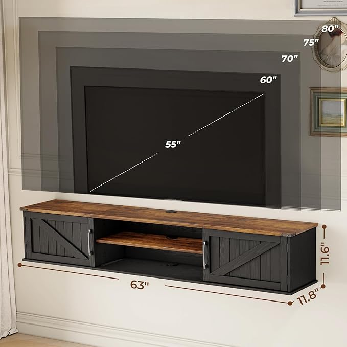 Floating TV Stand with Doors, 2 Tier Wall Mounted TV Stand, Floating - Image 4
