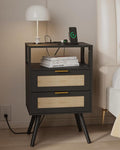 Rattan Nightstand with Charging Station, Farmhouse Bedside Table with 2 Storage by JOONEE