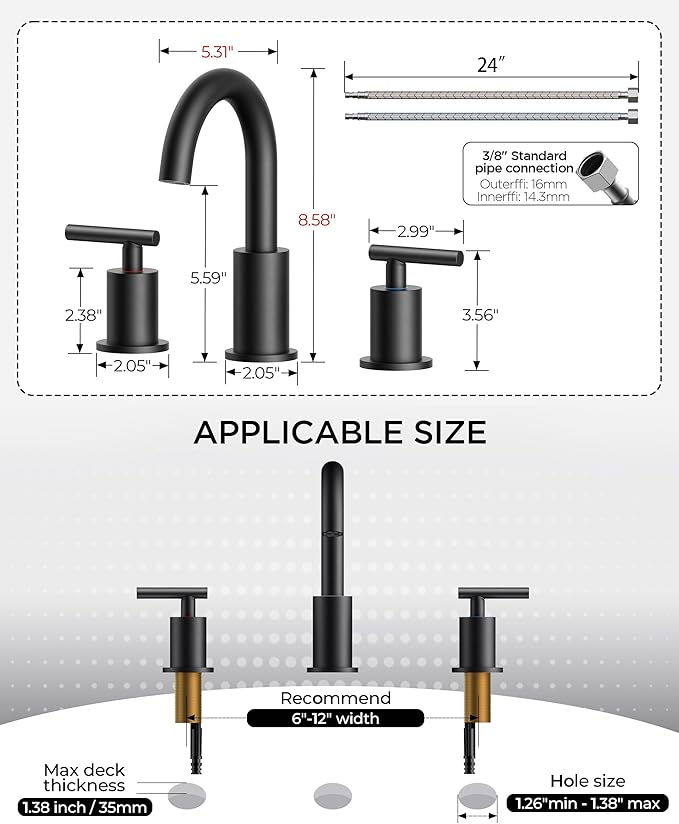 FORIOUS Bathroom Faucets 3 Hole, Matte Black Bathroom Sink Faucet 3 Hole Vanity - Image 8