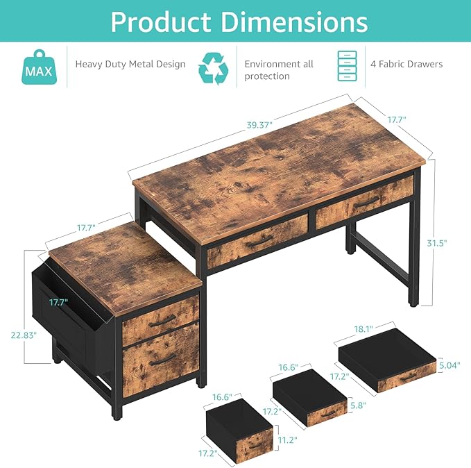 Lufeiya Computer Desk with Fabric File Drawers Cabinet, 57 Inch Home Office - Image 3