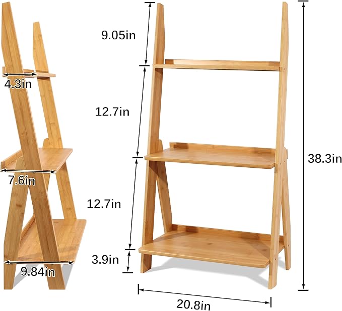DOUSY-3-Tier Ladder Shelf, Bamboo Ladder Bookshelf Leaning Bookcase Trapezoid - Image 3
