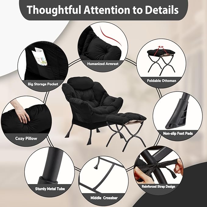 Lazy Chair with Folding Ottoman, Accent Chair Velvet Upholstered with Metal - Image 6