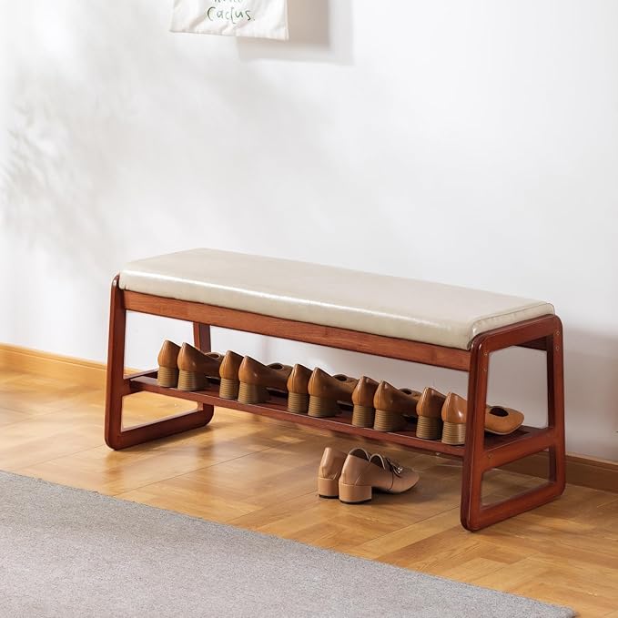 Solid Wood Shoe Bench, 2-Tier Wooden Entryway Bench, Modern Shoe Rack by SOBIBO