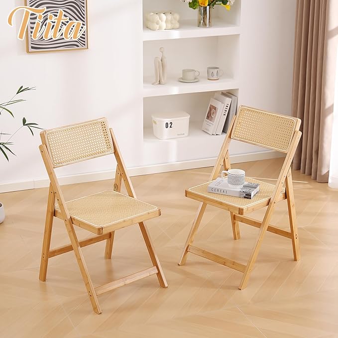 Tiita Rattan Dining Chairs Set of 2, Mid Century Modern Folding Chair, Bamboo - Image 4