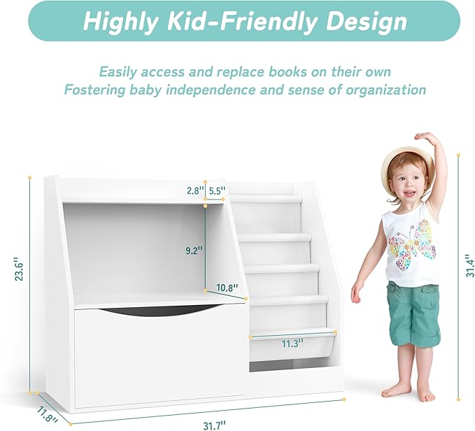 TOETOL 2 Tier Kids Bookshelf and Book Storage，4 Sling Toddler Bookshelf - Image 3