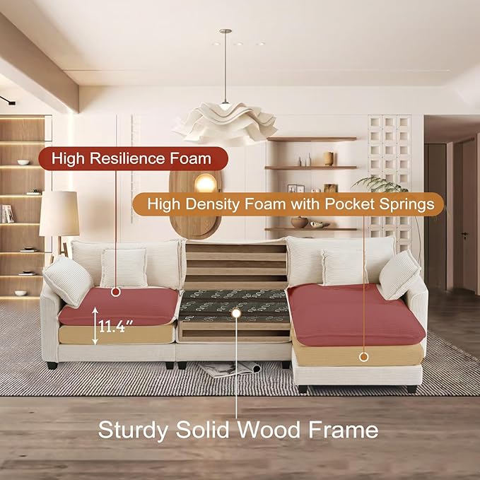 Furniliving 117‘’ L-Shaped Sofa, Luxury Corduroy Modular Sectional Couches - Image 3
