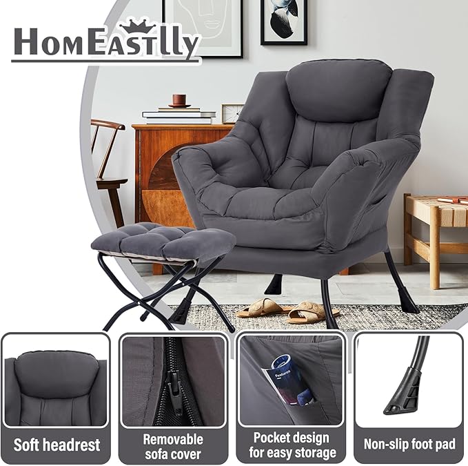 Lazy Chair with Ottoman, Reading Armchair with Armrests and Footrest, Large - Image 6