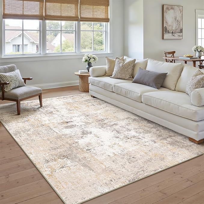 5x7 Washable Area Rug Beige Grey Neutral Abstract Living Room Bedroom Throw Rug - Image 5