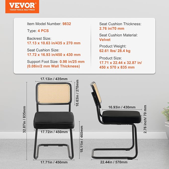 VEVOR Rattan Dining Chairs Set of 4, Mid Century Modern Dining Chair, - Image 3