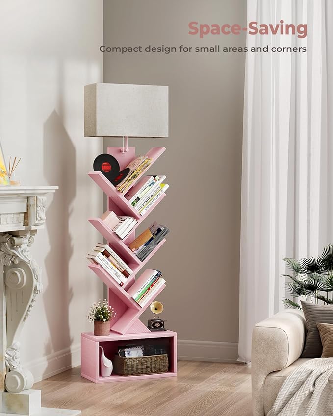 6 Tier Tree Bookshelf with Light, Narrow Bookcase Tower, Tall Floor Standing - Image 7