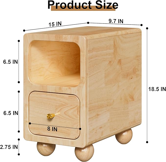 Solid Wood Night Stand, Narrow Nightstand - Image 3