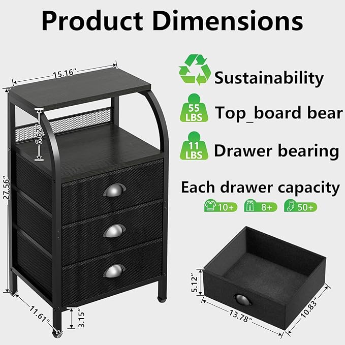 Night Stand Nightstand with Drawer Black Nightstands Storage Night Stands 3 - Image 2