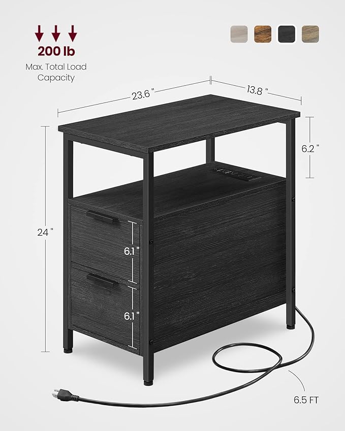 VASAGLE Side Table with Charging Station, Narrow End Table with 2 Drawers - Image 3