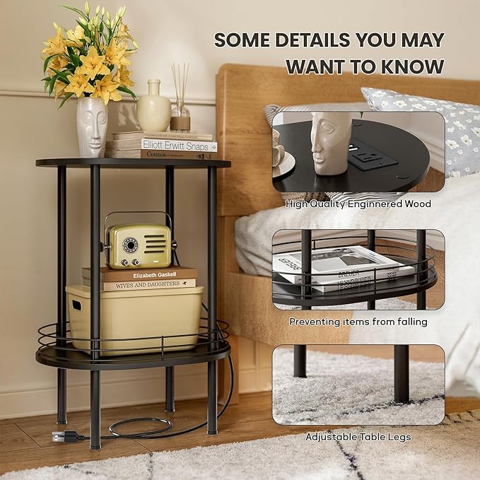 Small Round Side Table with Charging Station, Bedside Table with 2 USB Ports - Image 4