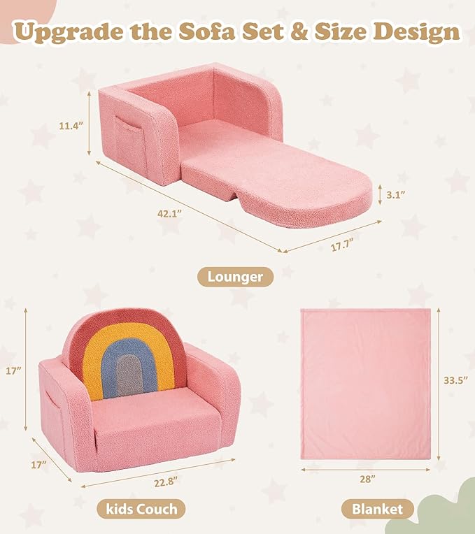Kids Couch, 2-in-1 Soft Toddler Couch Fold Out - Image 3