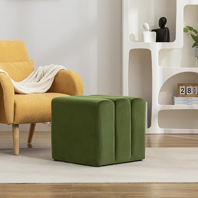 ONEVOG 18" Large Square Ottoman Foot Rest, Olive Green Velvet Fabric - Image 4