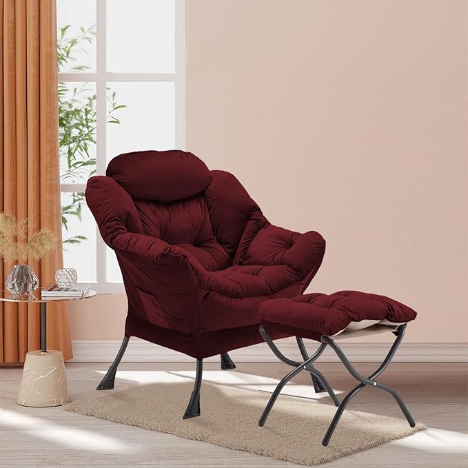 Lazy Chair with Folding Ottoman, Accent Chair Velvet Upholstered with Metal - Image 2