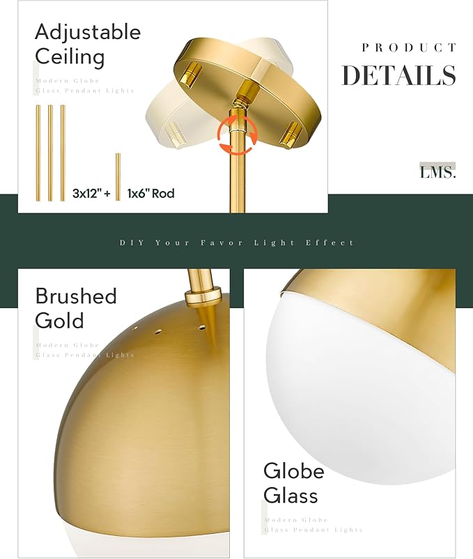 LMS Modern Pendant Lighting Gold Globe Pendant Light Fixture, Mid Century - Image 5