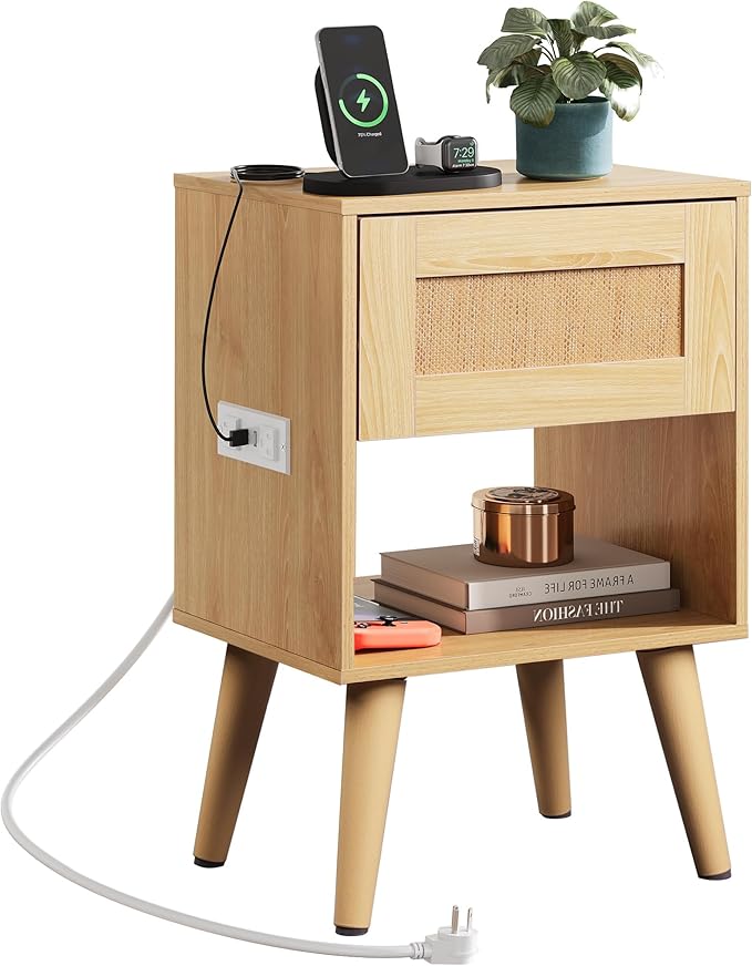 WLIVE Rattan Nightstand with Charging Station, Boho Night Stand, Small Bedroom by WLIVE