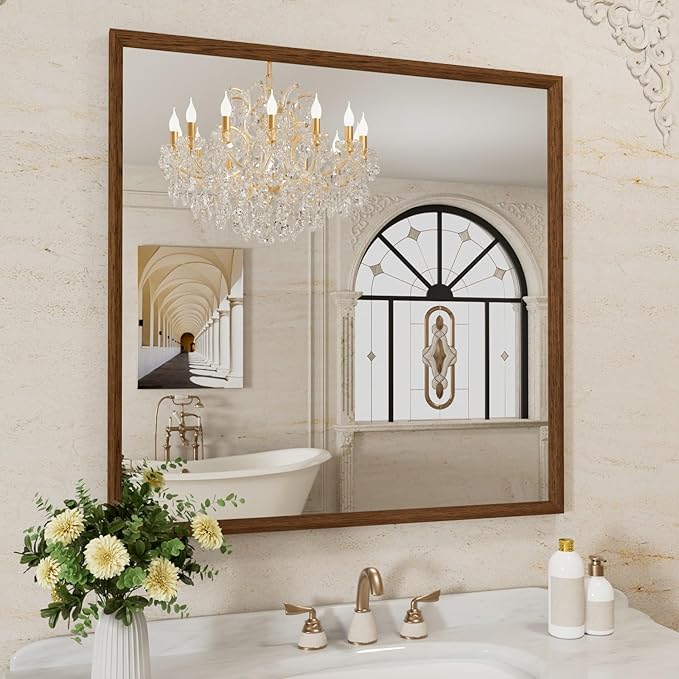 WEER Walnut Bathroom Mirror, Walnut Framed Mirror 36X36 Inch, Rectangle Wall by WEER