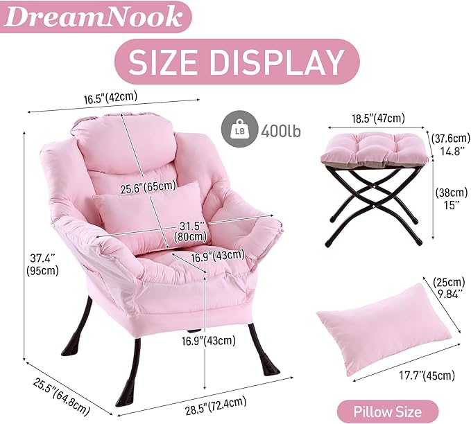 Lazy Chair with Ottoman, Modern Accent Chair with Lumbar Pillow, Comfy Chairs - Image 2
