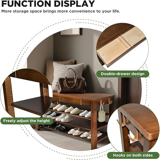 Wood Shoe Bench Entryway with Drawer: 3-Tiers Wooden Storage Shoe Rack with - Image 4