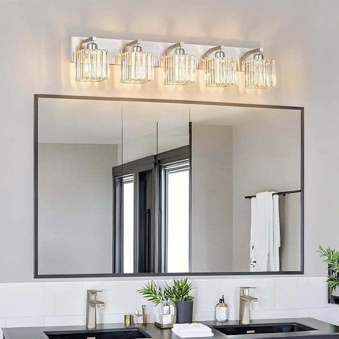 Modern Vanity Light 5-Lights Brushed Nickel Vanity Light Crystal Bathroom Wall - Image 3