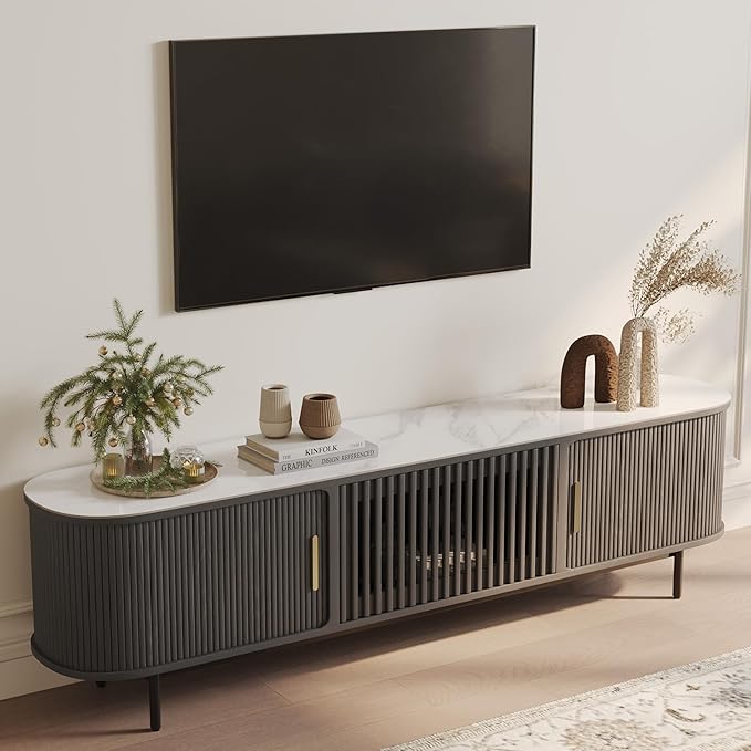 POVISON Sliding Tambour Door TV Stand, Mid Century Modern Sintered Stone TV by POVISON