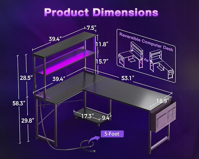 ODK 53 Inch L Shaped Desk with LED Lighting, Reversible Gaming Desk with Power - Image 3
