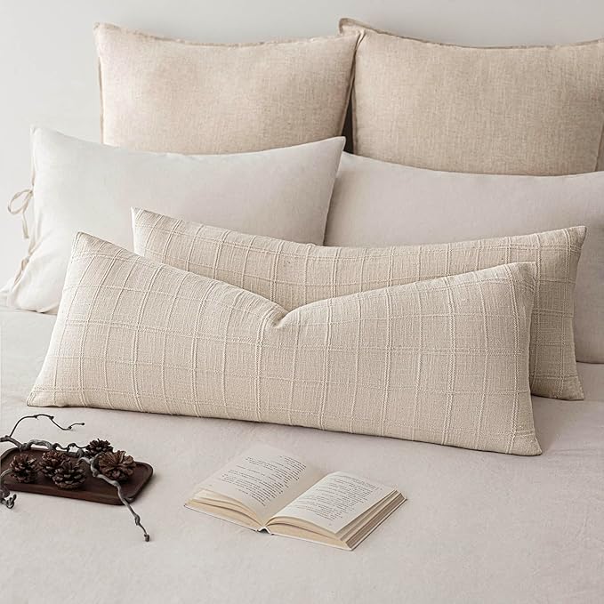 Foindtower Set of 2 Decorative Linen Check Throw Pillow Covers Neutral Long by Foindtower