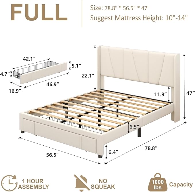 Full Bed Frame with Storage Drawers, Upholstered Platform Bed with Headboard - Image 2