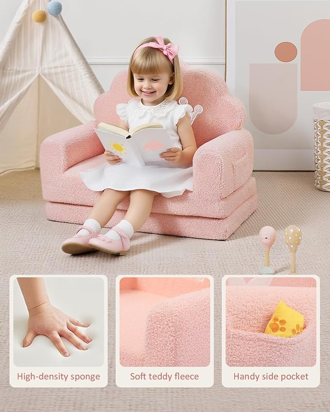 2-in-1 Kids Couch Fold Out, Soft Teddy Sherpa Toddler Couch - Image 4