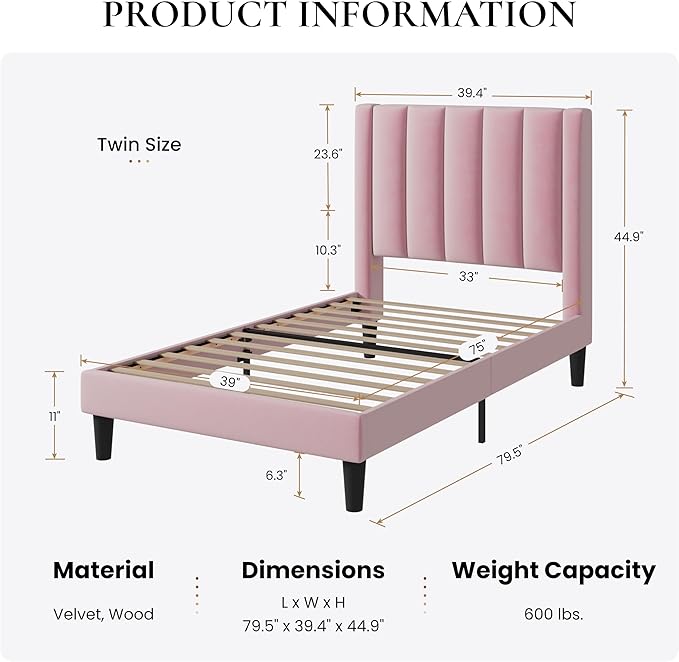 SHA CERLIN Twin Bed Frame/Velvet Upholstered Platform Bed Frame - Image 2