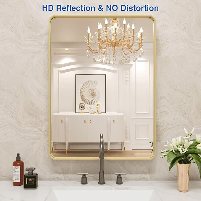 WEER Gold Bathroom Mirror, 20X30 Inch Brushed Gold Metal Frame Mirror, Rounded - Image 2