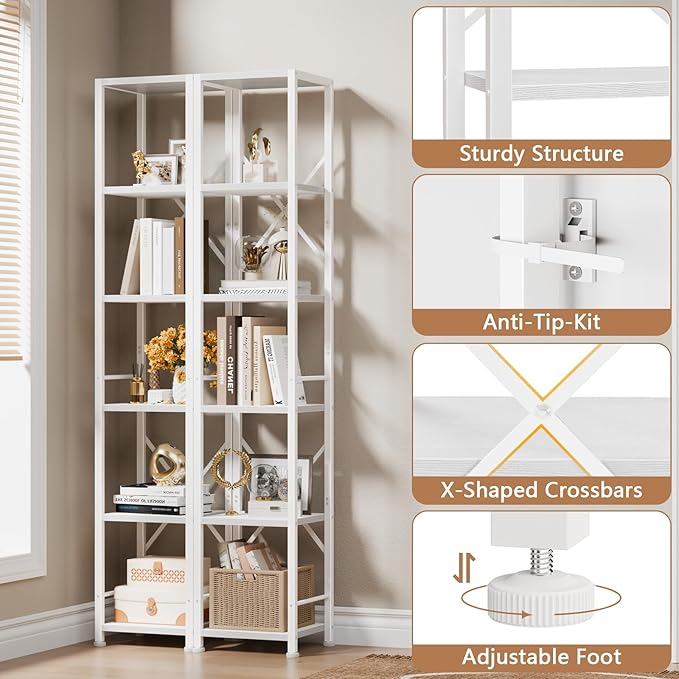 Furologee White Bookshelf 6 Tier Tall Narrow Bookcase, Modern Display Standing - Image 4