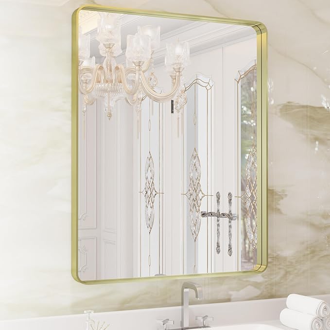 WEER Gold Bathroom Mirror, 28X36 Inch Brushed Gold Metal Frame Mirror, Rounded by WEER