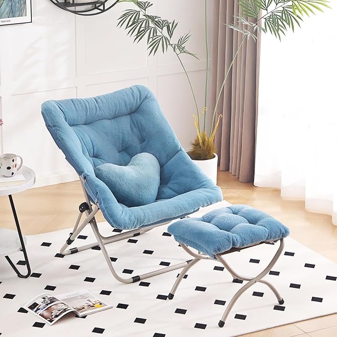 Saucer Chair with Ottoman, Comfy Oversized Folding Chair, Faux-Fur Reading Chair by HomeEastllyHome