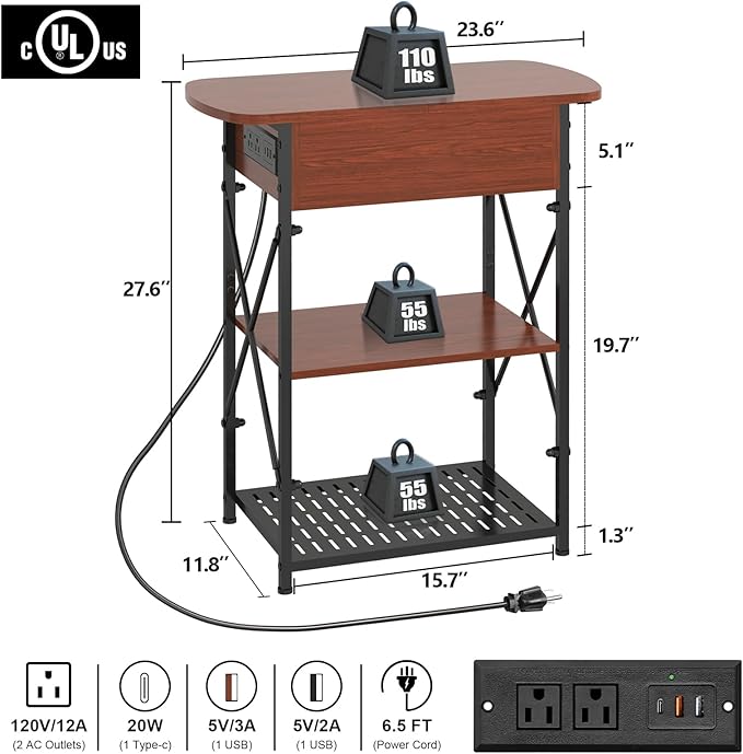 Narrow Side Table with Charging Station, End Table with 3 USB Ports and 2 AC - Image 3