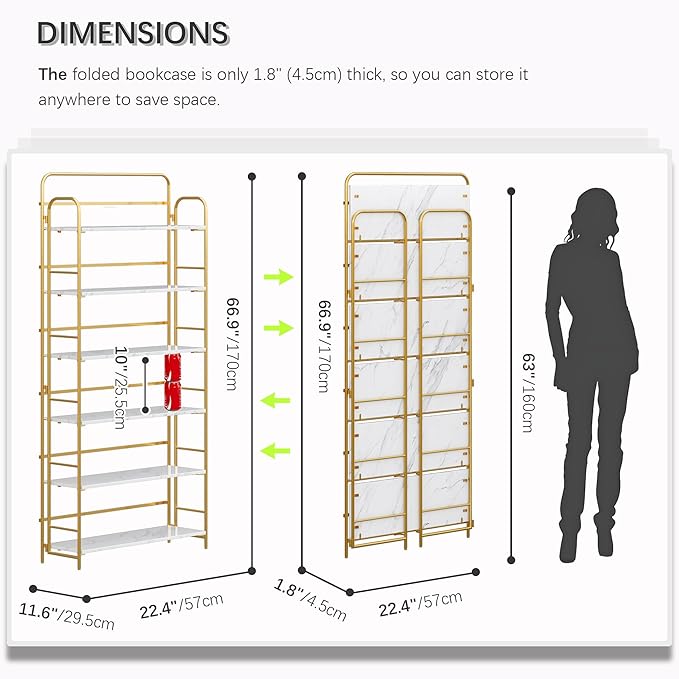4NM No Assembly Folding Bookshelf 6 Tiers Vintage Industrial Gold Book Shelf - Image 2