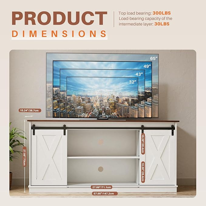 Sweetcrispy Farmhouse TV Stand for Living Room Bedroom White 65 Inch, Tall - Image 3