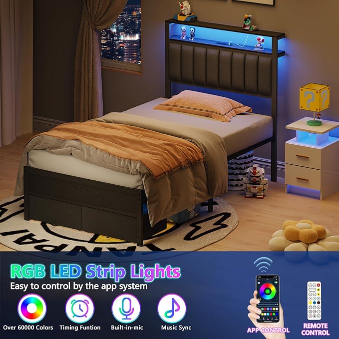 Furnulem Twin Bed Frames with Charging Station and LED Lights, Metal Platform - Image 7