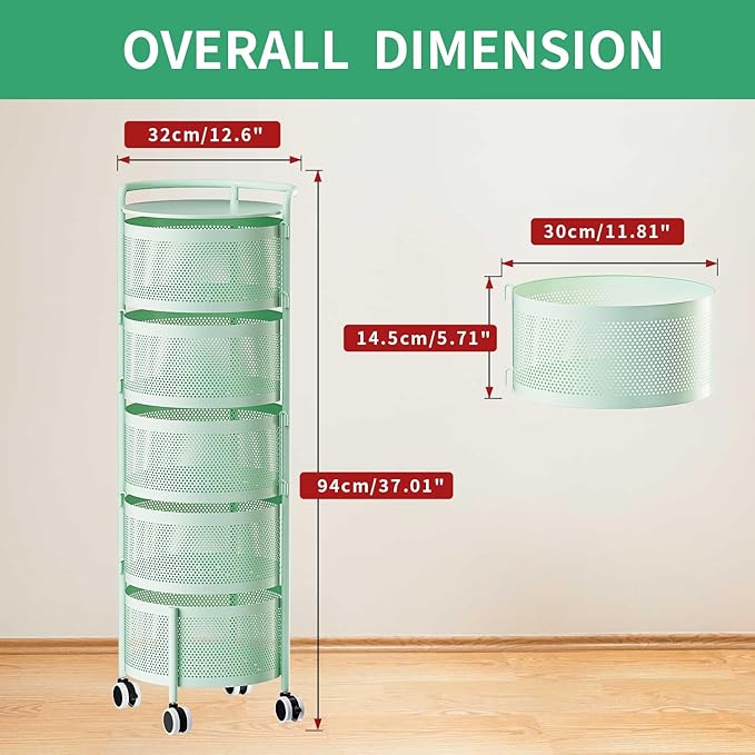 JAQ Rotating Fruit Basket, 5-Tier Metal Sturdy Kitchen Storage Rack Shelf Carts - Image 2