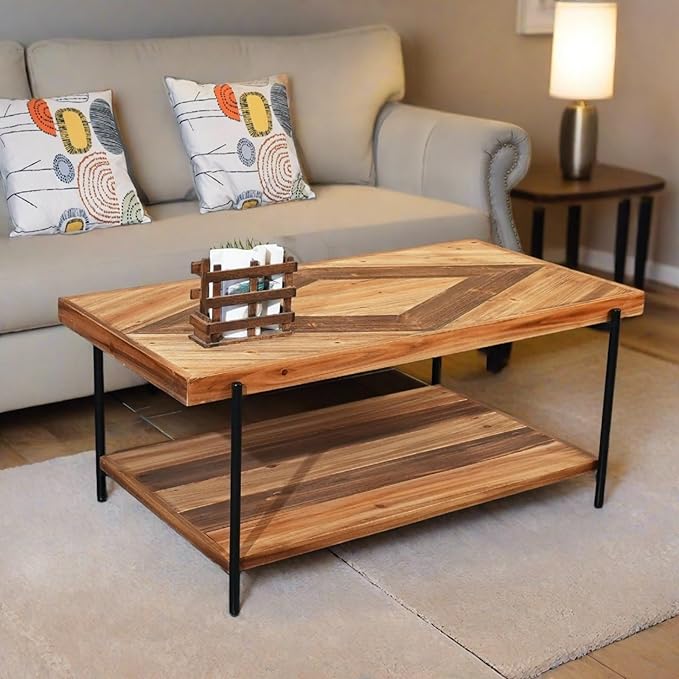 CONSDAN StoneCreek Coffee Table, Solid Fir Wood & Metal Frame, 2-Tier - Image 2