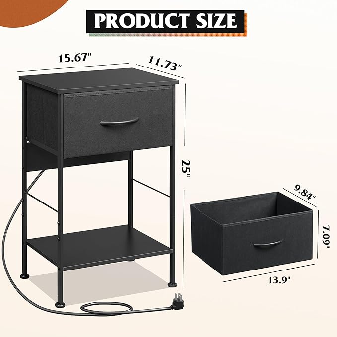 WLIVE Night Stand with Charger Station, Small Nightstand with 1 Fabric Drawer - Image 3